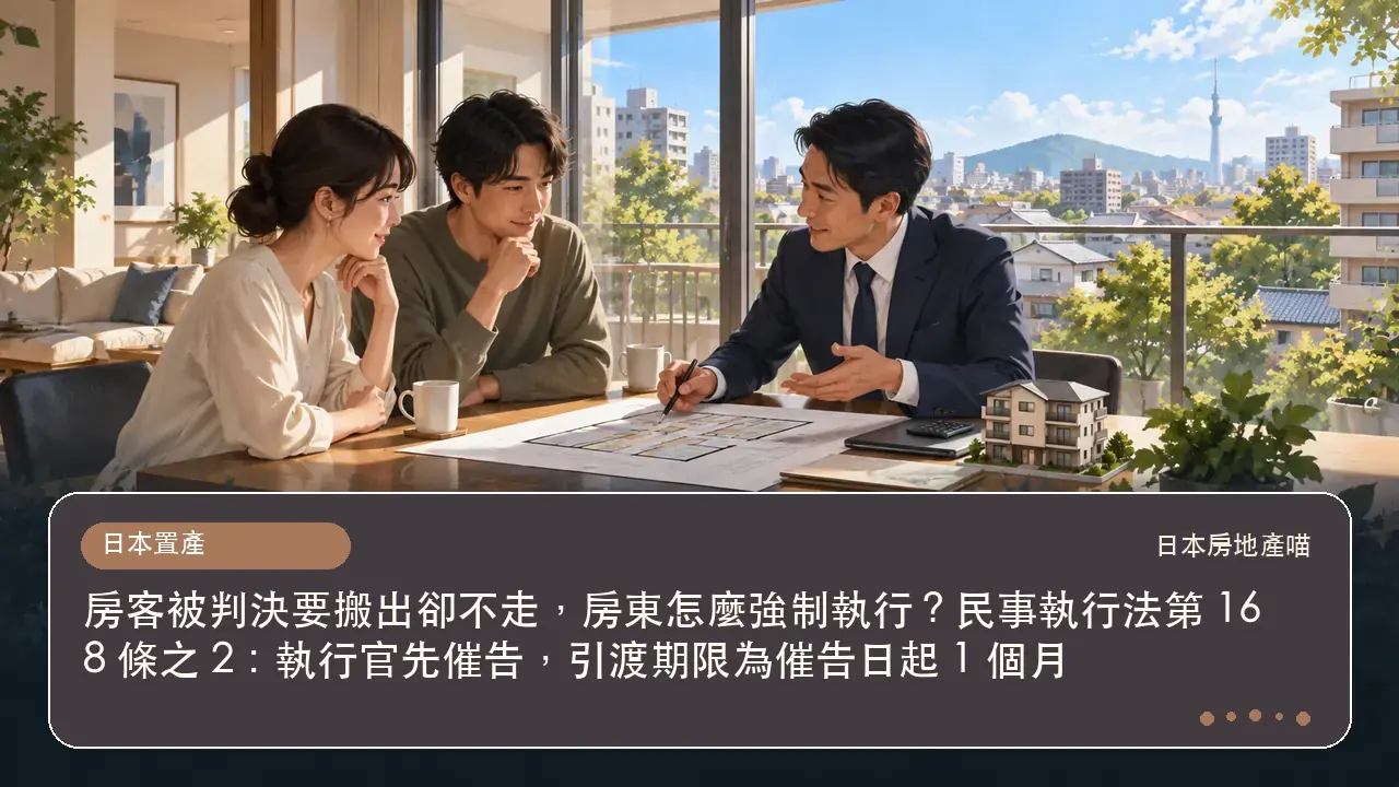 房客被判決要搬出卻不走，房東怎麼強制執行？民事執行法第 168 條之 2：執行官先催告，引渡期限為催告日起 1 個月主題插畫