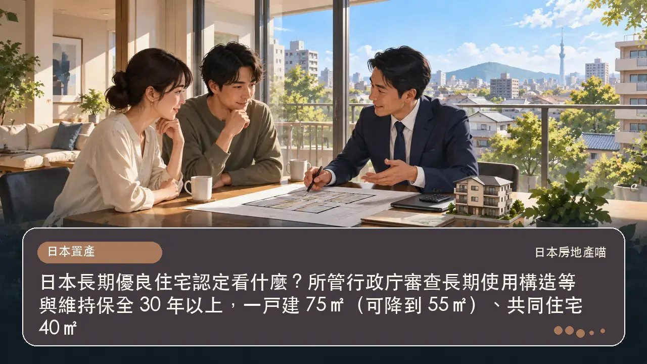 日本長期優良住宅認定看什麼？所管行政庁審查長期使用構造等與維持保全 30 年以上，一戸建 75㎡（可降到 55㎡）、共同住宅 40㎡主題插畫