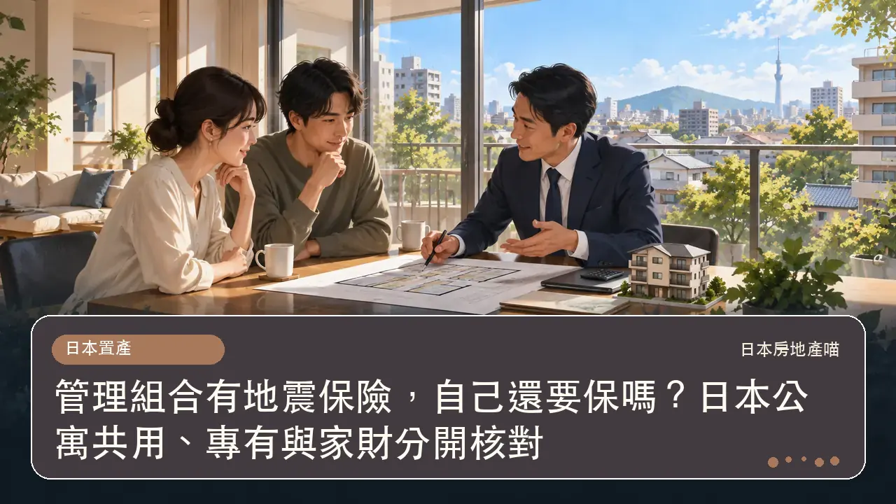 管理組合有地震保險，自己還要保嗎？日本公寓共用、專有與家財分開核對主題插畫