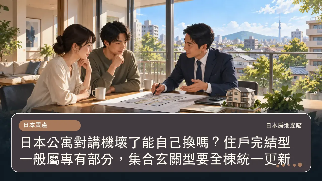 日本公寓對講機壞了能自己換嗎？住戶完結型一般屬專有部分，集合玄關型要全棟統一更新主題插畫