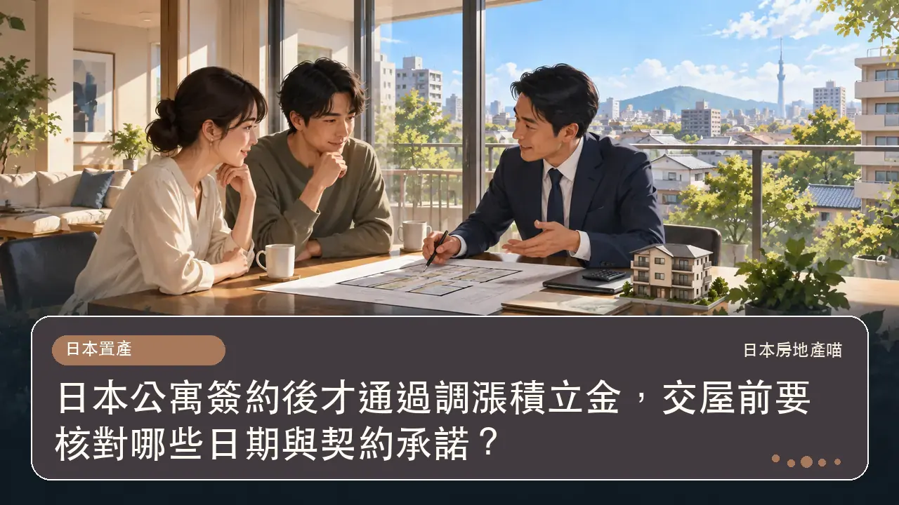 日本公寓簽約後才通過調漲積立金，交屋前要核對哪些日期與契約承諾？主題插畫