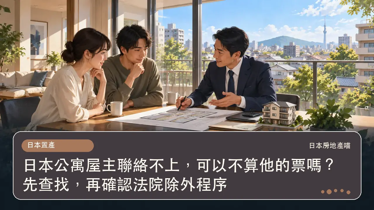 日本公寓屋主聯絡不上,可以不算他的票嗎?先查找,再確認法院除外程序主題插畫