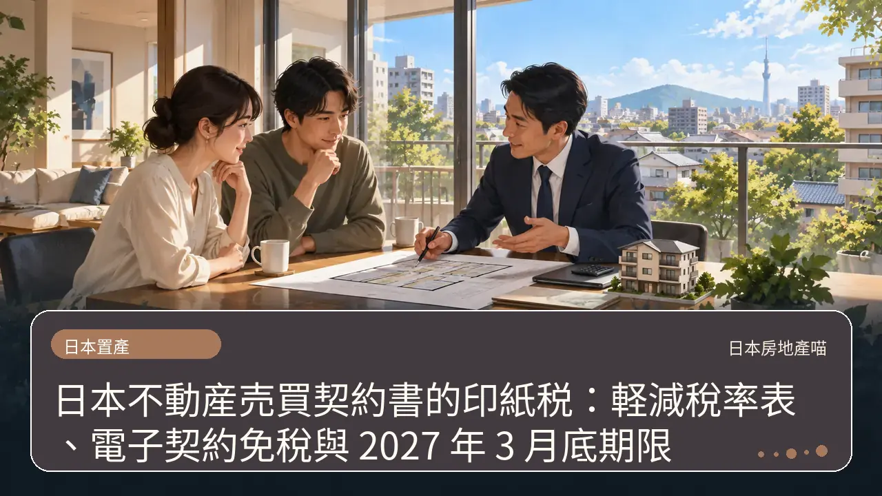 日本不動産売買契約書的印紙税:軽減稅率表、電子契約免稅與 2027 年 3 月底期限主題插畫