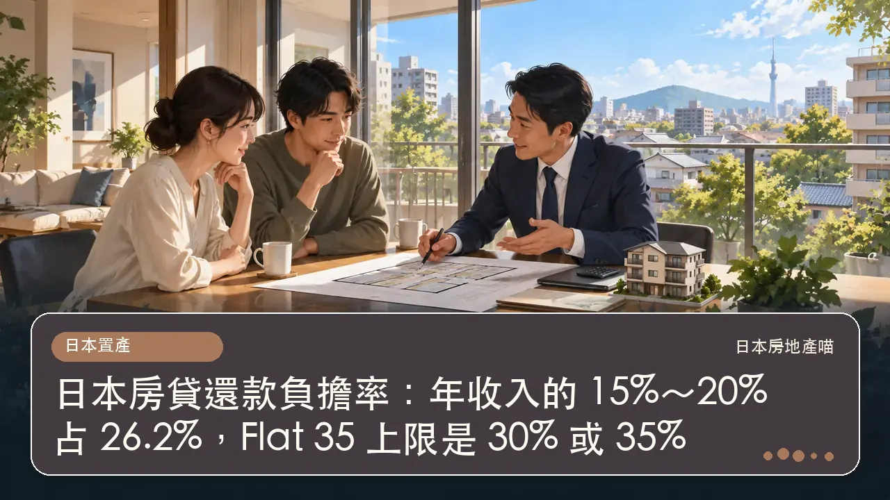 日本房貸還款負擔率：年收入的 15%～20% 占 26.2%，Flat 35 上限是 30% 或 35%主題插畫