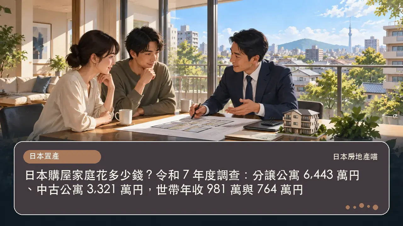 日本購屋家庭花多少錢？令和 7 年度調查：分譲公寓 6,443 萬円、中古公寓 3,321 萬円，世帶年收 981 萬與 764 萬円主題插畫