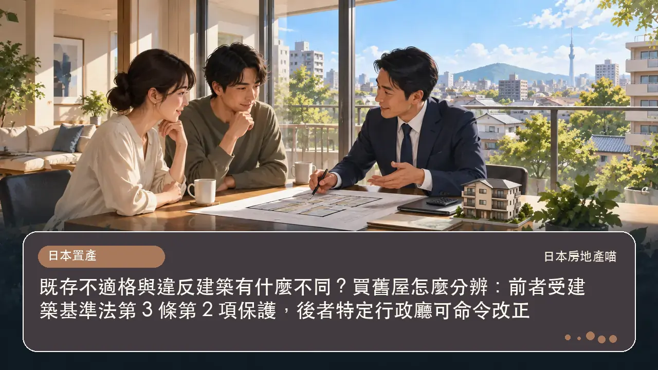 既存不適格與違反建築有什麼不同?買舊屋怎麼分辨:前者受建築基準法第 3 條第 2 項保護,後者特定行政廳可命令改正主題插畫