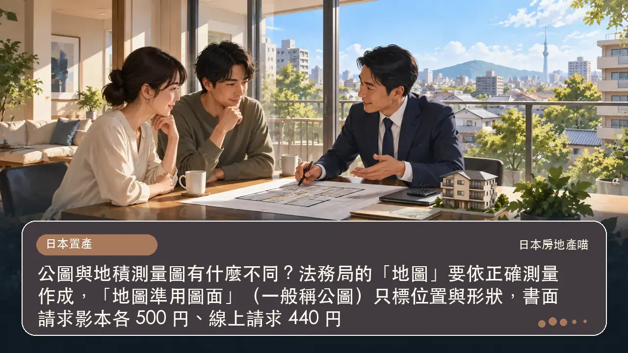 公圖與地積測量圖有什麼不同?法務局的「地圖」要依正確測量作成,「地圖準用圖面」(一般稱公圖)只標位置與形狀,書面請求影本各 500 円、線上請求 440 円主題插畫