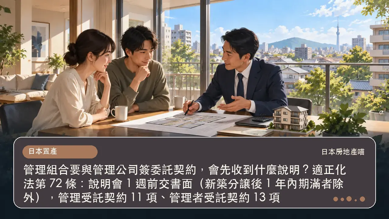 管理組合要與管理公司簽委託契約，會先收到什麼說明？適正化法第 72 條：說明會 1 週前交書面（新築分譲後 1 年內期滿者除外），管理受託契約 11 項、管理者受託契約 13 項主題插畫