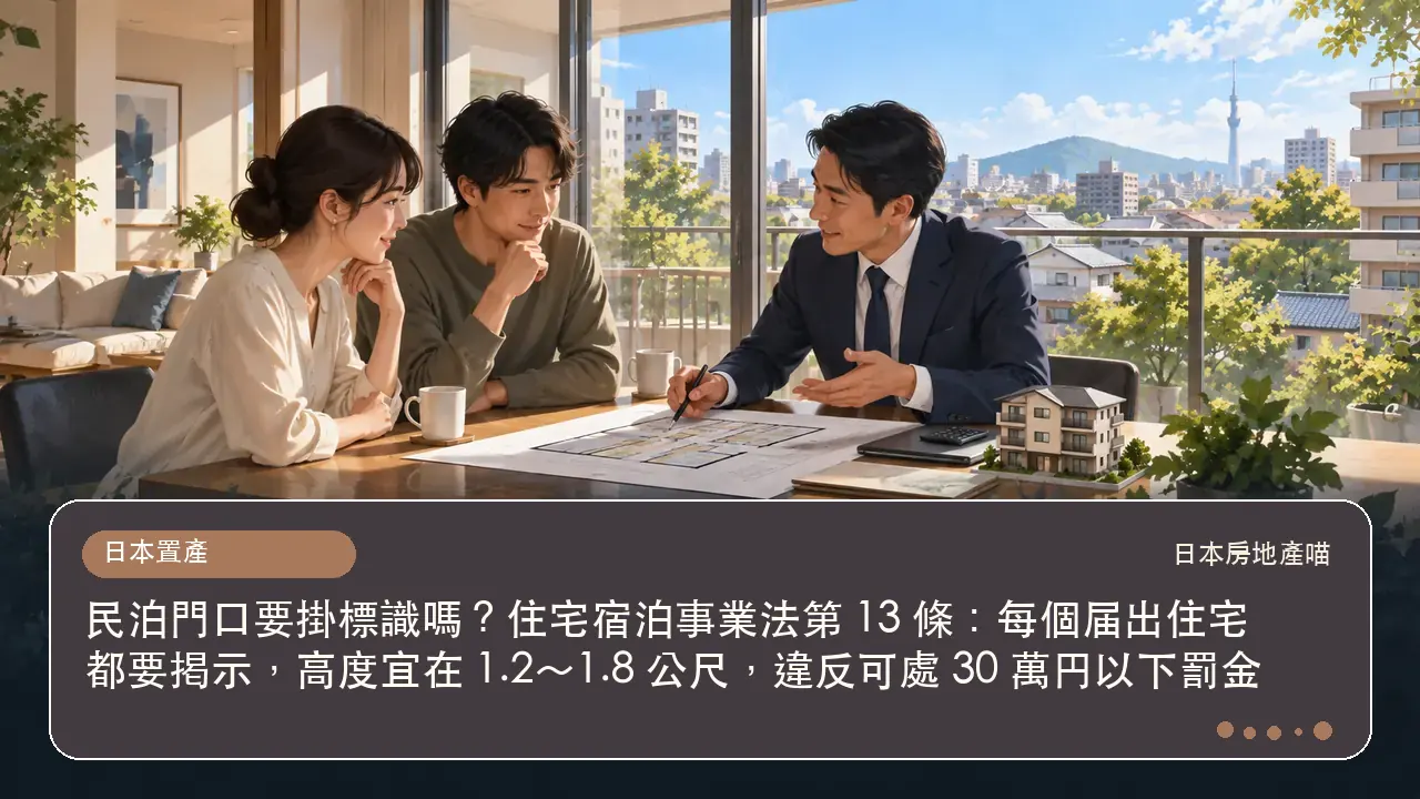 民泊門口要掛標識嗎？住宅宿泊事業法第 13 條：每個届出住宅都要掲示，高度宜在 1.2～1.8 公尺，違反可處 30 萬円以下罰金主題插畫