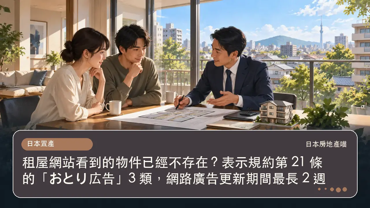 租屋網站看到的物件已經不存在?表示規約第 21 條的「おとり広告」3 類,網路廣告更新期間最長 2 週主題插畫