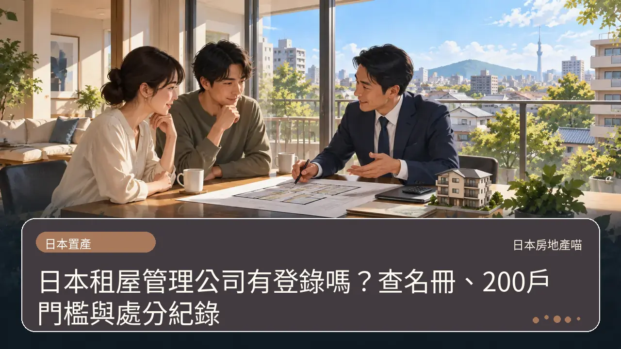 日本租屋管理公司有登錄嗎?查名冊、200戶門檻與處分紀錄主題插畫