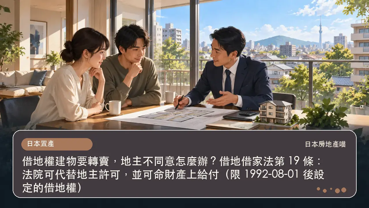 借地權建物要轉賣,地主不同意怎麼辦?借地借家法第 19 條:法院可代替地主許可,並可命財產上給付(限 1992-08-01 後設定的借地權)主題插畫