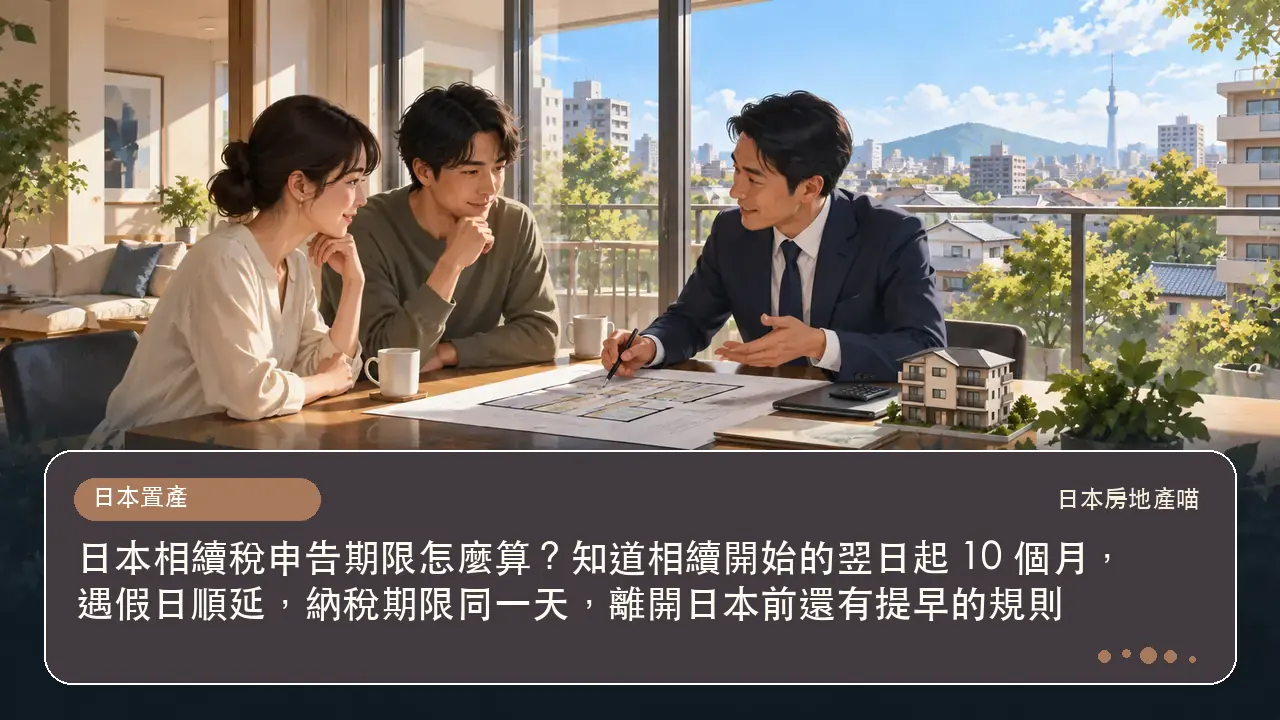 日本相續稅申告期限怎麼算？知道相續開始的翌日起 10 個月，遇假日順延，納稅期限同一天，離開日本前還有提早的規則主題插畫