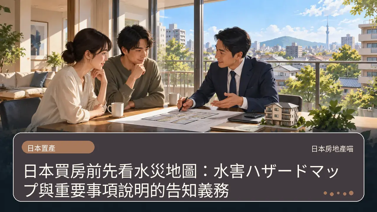 日本買房前先看水災地圖：水害ハザードマップ與重要事項說明的告知義務主題插畫