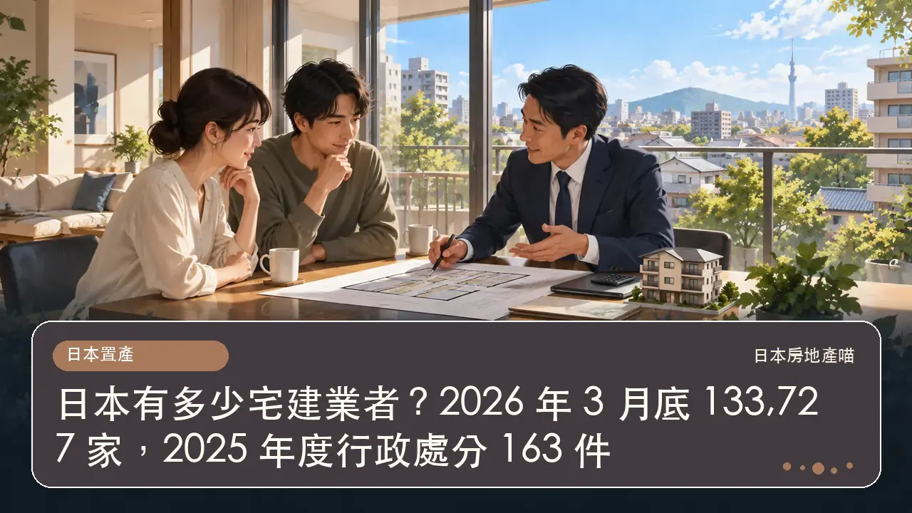 日本有多少宅建業者?2026 年 3 月底 133,727 家,2025 年度行政處分 163 件主題插畫