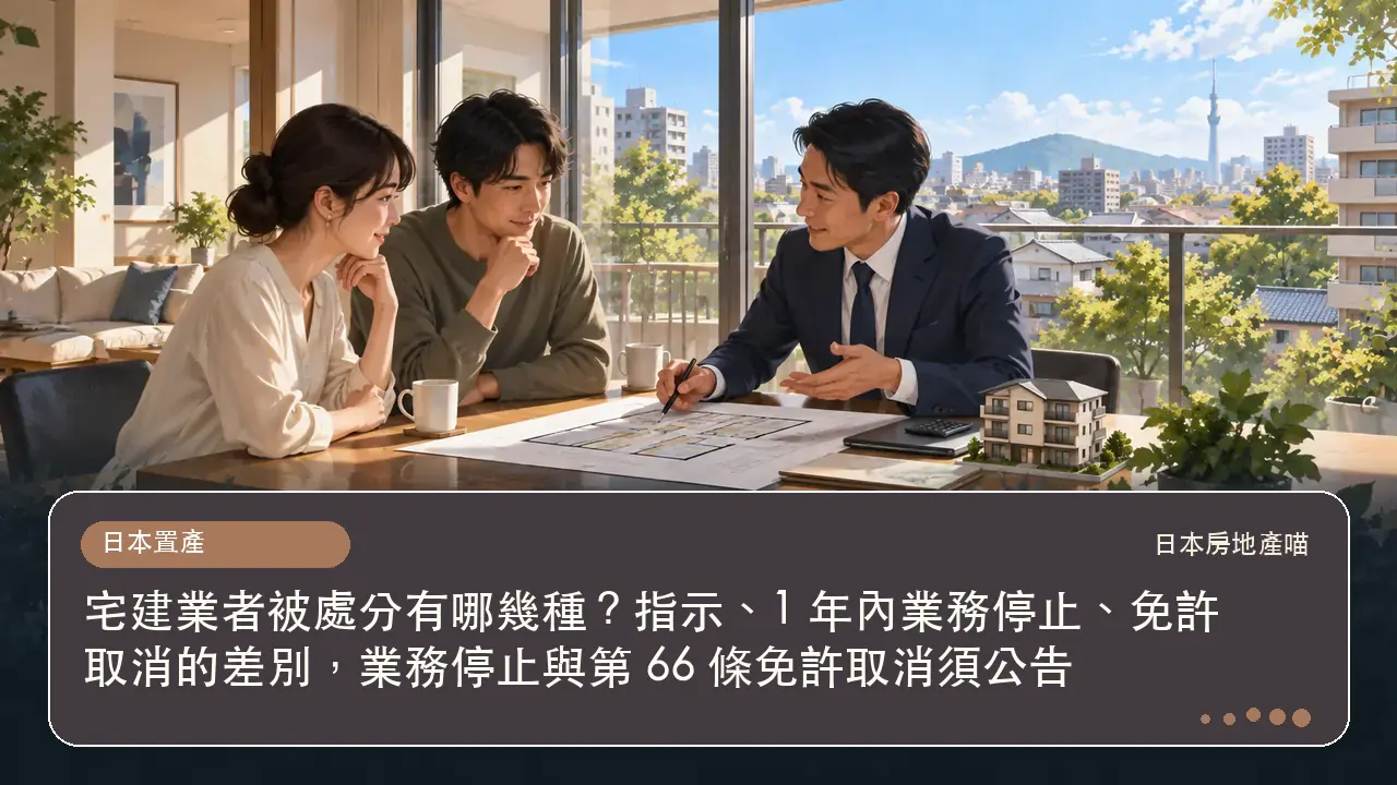 宅建業者被處分有哪幾種?指示、1 年內業務停止、免許取消的差別,業務停止與第 66 條免許取消須公告主題插畫