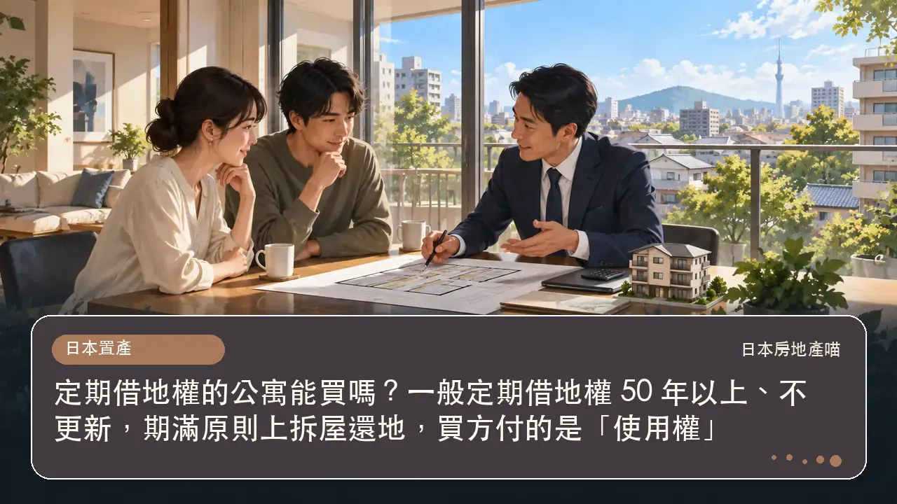 定期借地權的公寓能買嗎?一般定期借地權 50 年以上、不更新,期滿原則上拆屋還地,買方付的是「使用權」主題插畫