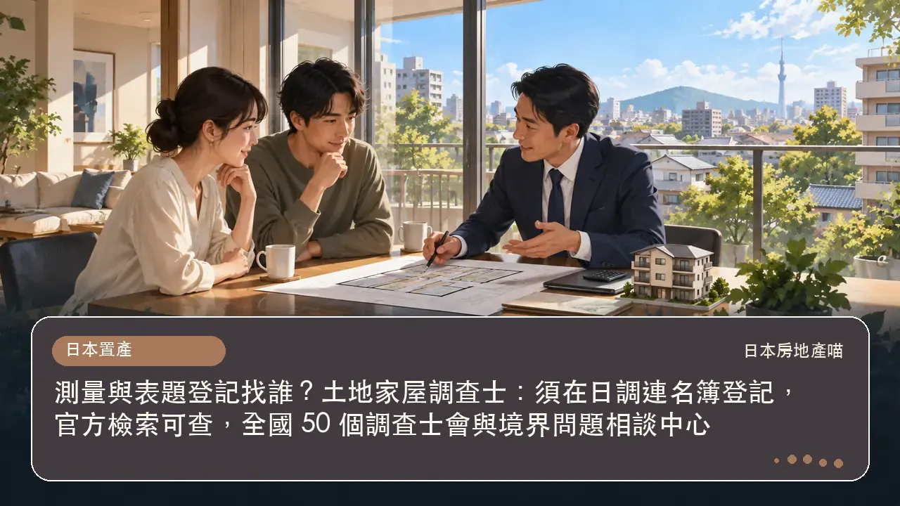 測量與表題登記找誰？土地家屋調査士：須在日調連名簿登記，官方檢索可查，全國 50 個調査士會與境界問題相談中心主題插畫