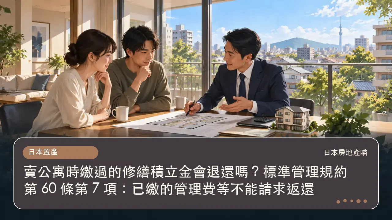 賣公寓時繳過的修繕積立金會退還嗎?標準管理規約第 60 條第 7 項:已繳的管理費等不能請求返還主題插畫