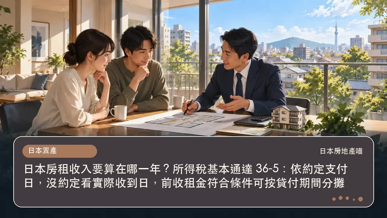 日本房租收入要算在哪一年？所得稅基本通達 36-5：依約定支付日，沒約定看實際收到日，前收租金符合條件可按貸付期間分攤主題插畫
