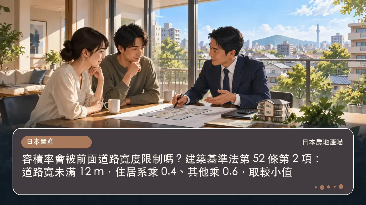 容積率會被前面道路寬度限制嗎?建築基準法第 52 條第 2 項:道路寬未滿 12 m,住居系乘 0.4、其他乘 0.6,取較小值主題插畫