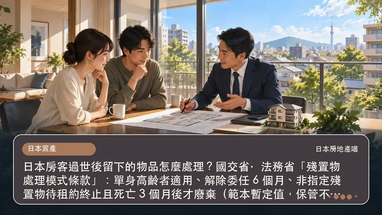 日本房客過世後留下的物品怎麼處理？國交省・法務省「殘置物處理模式條款」：單身高齡者適用、解除委任 6 個月、非指定殘置物待租約終止且死亡 3 個月後才廢棄（範本暫定值，保管不適者除外）主題插畫